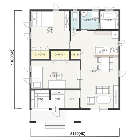 平屋建て ＜南入り＞ 間取り図