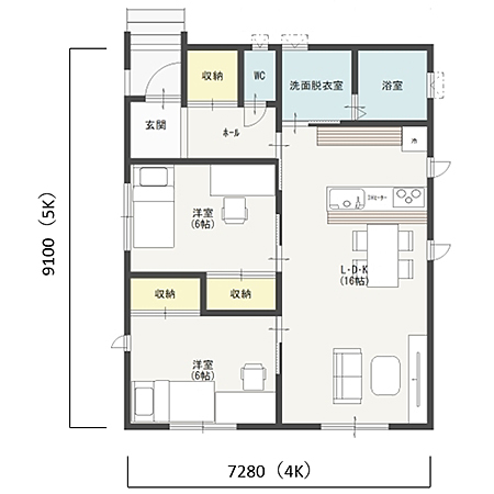 平屋建て ＜北入り＞ 間取り図