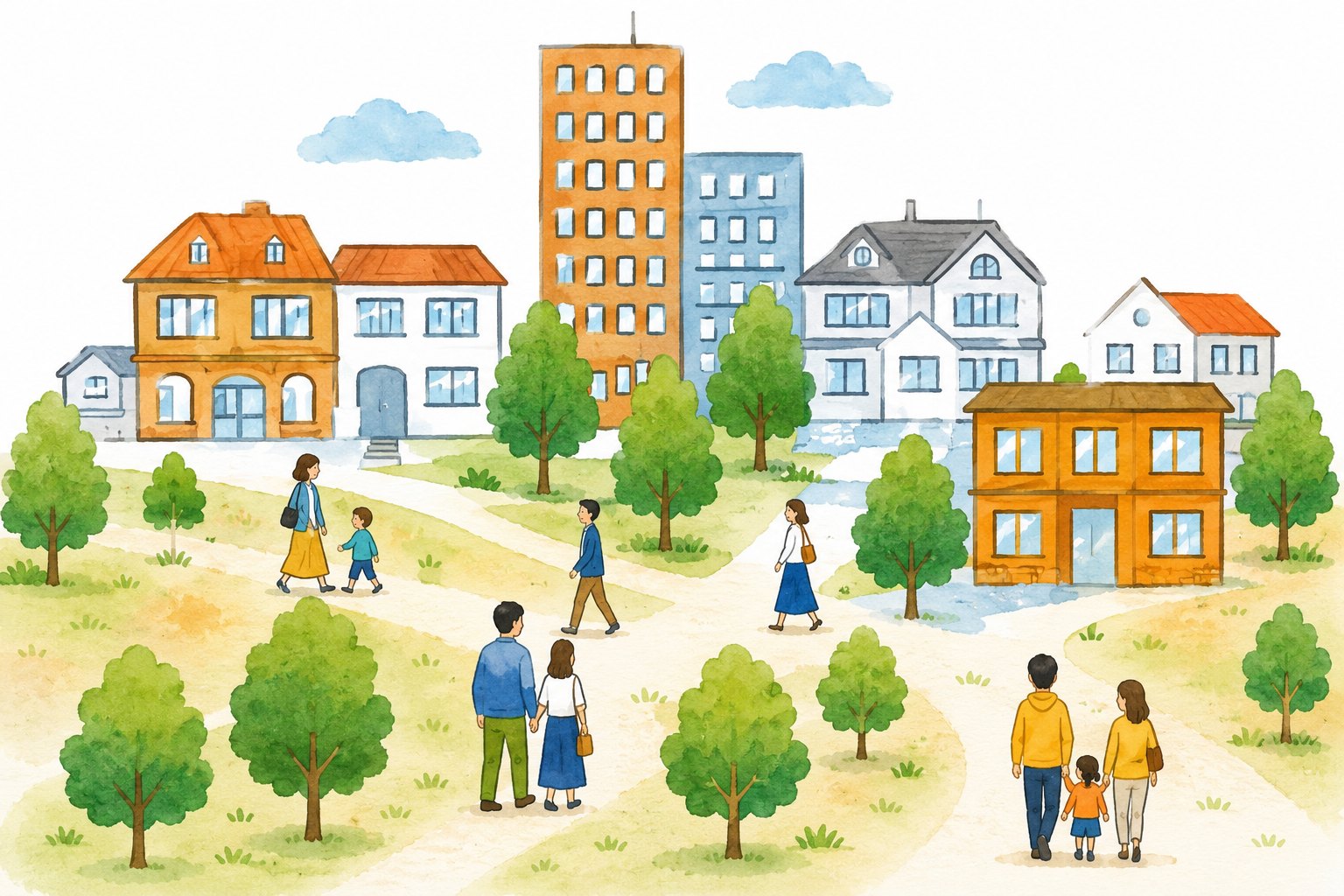 明るい街並みと人々のイラスト